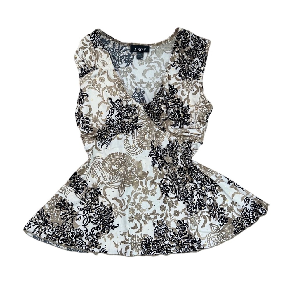 Womens Large Paisley Sequin‎ babydoll Top Black Tan Sleeveless Tie Back L boho
